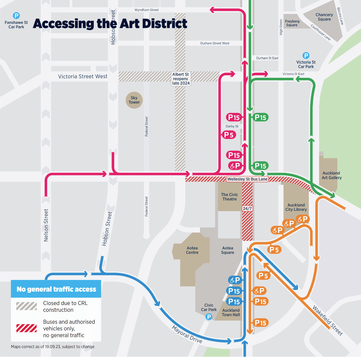 Map showing parking access for the arts district in Auckland City Centre.