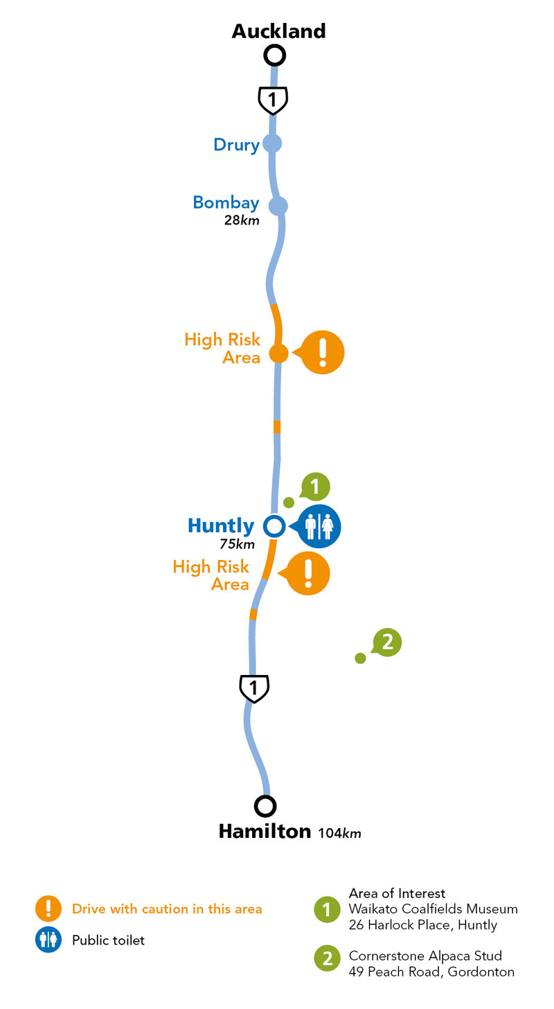 Auckland to Hamilton fatigue stops schematic map