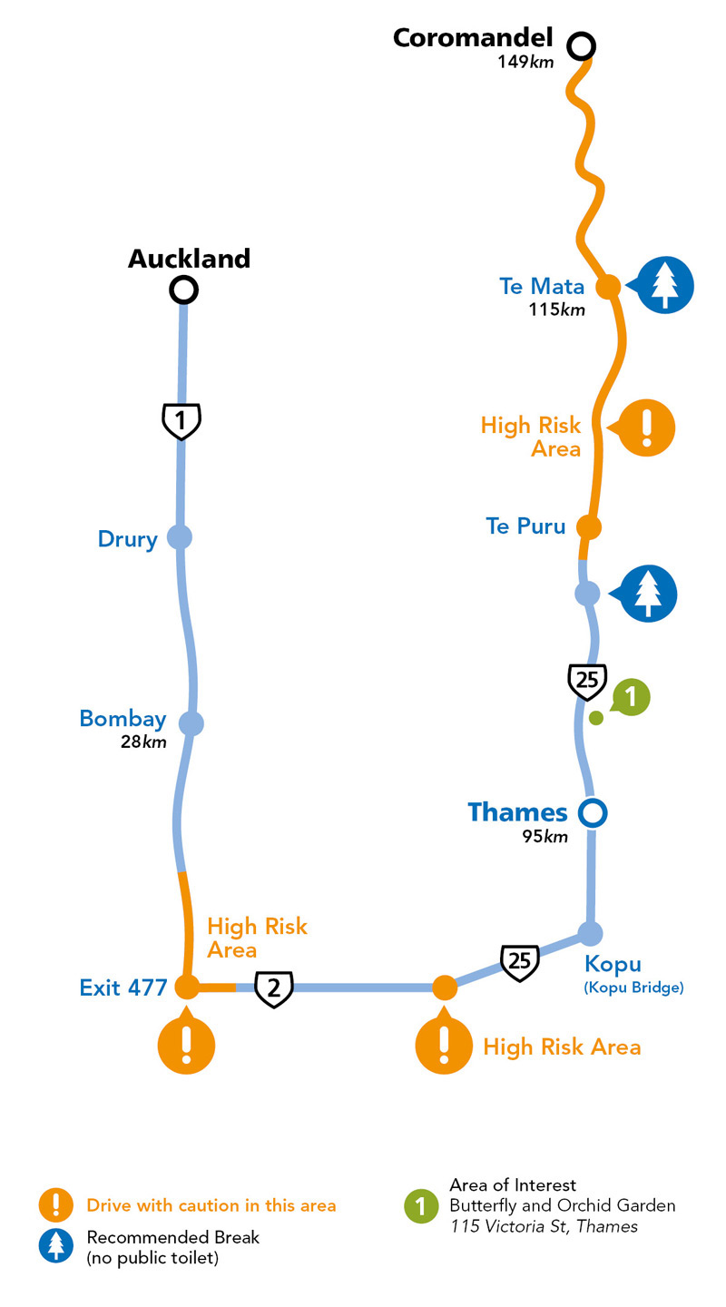 Auckland to Coromandel fatigue stops schematic map