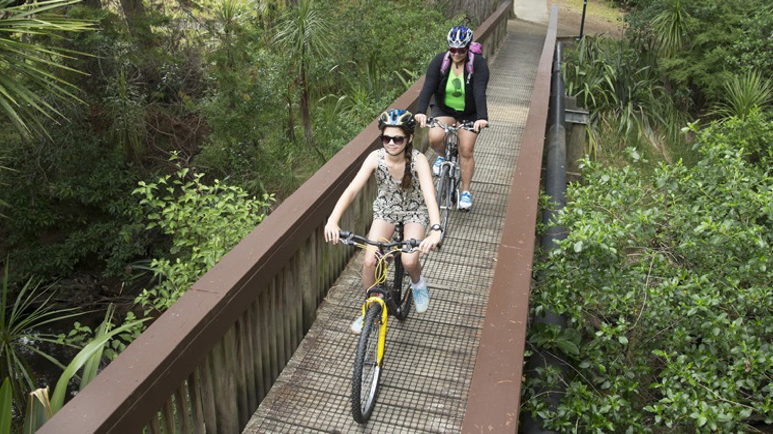 Two people on bikes cycle across a bridge over a leafy gully.