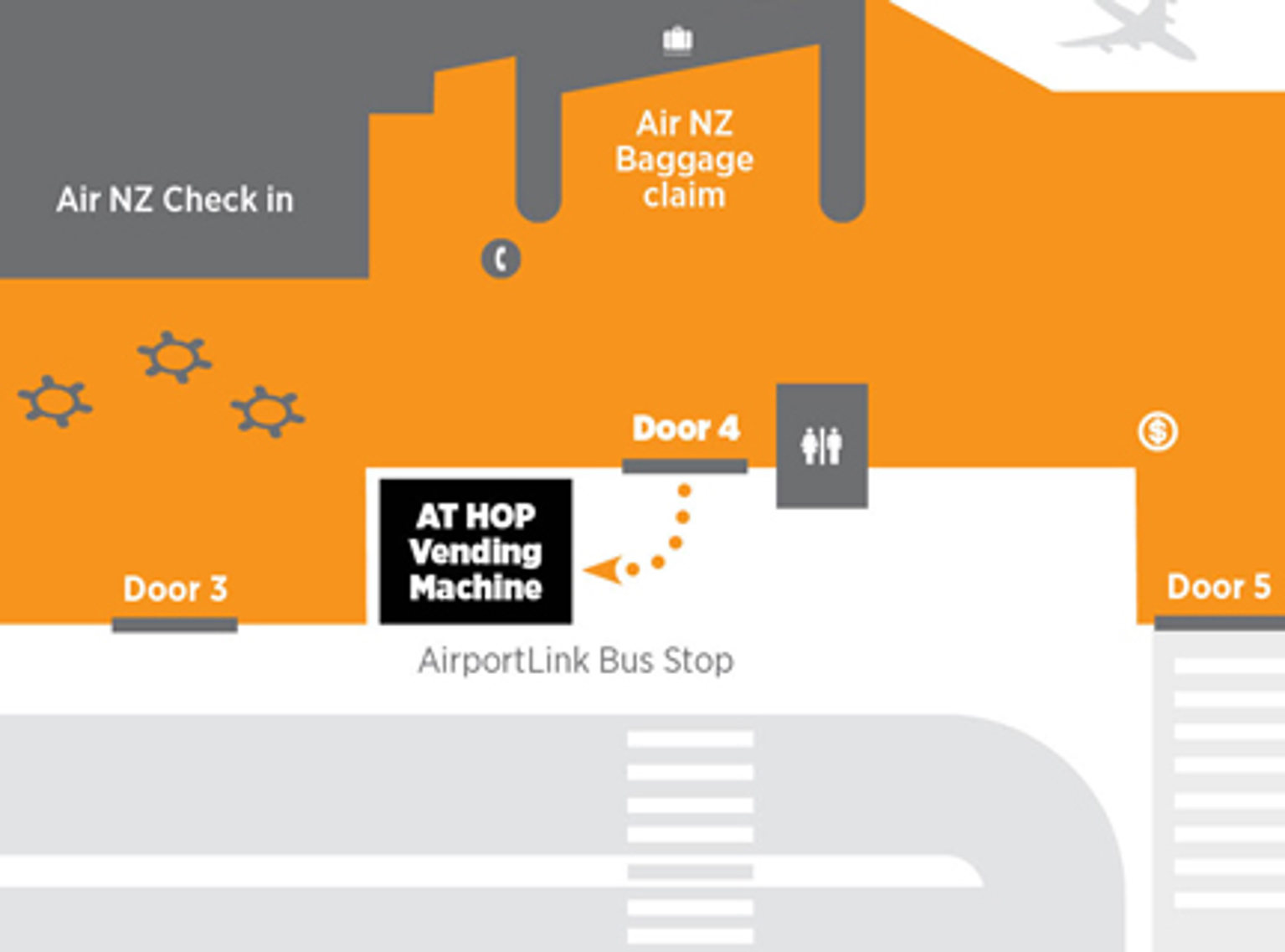 A map of the Auckland Aiport Domestic Terminal. An orange arrow points out of Door 4, down and to the left, where a black box marks the location of the Auckland Airport AT HOP vending machine. The machine is located next to the AirportLink bus stop.