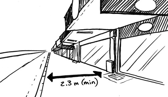 Hand-drawn sketch showing the 2.3m distance required for a footpath to allow bollards to be installed.