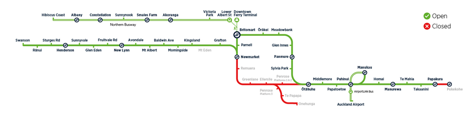 Map of Auckland's rail network during Stage 1 of the Rail Network Rebuild. 6 stations were closed: Remuera, Greenlane, Ellerslie, Penrose, Te Papapa and Onehunga.