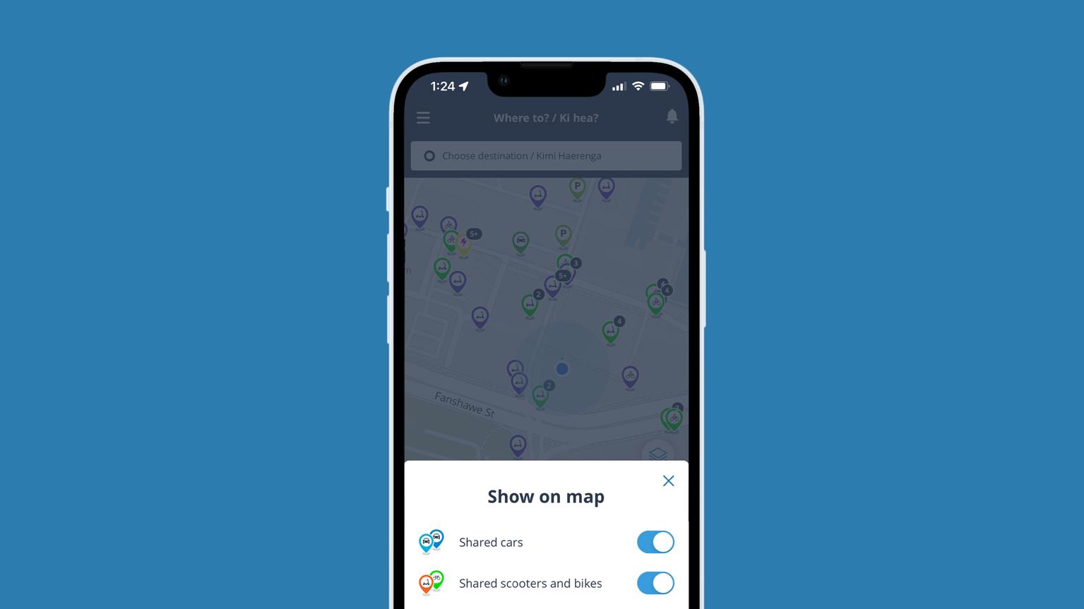 A screenshot of AT Mobile once the user has clicked on the "layers icon" on the homepage. It's a pop up at the bottom of the screen, saying "Show on map" followed by three filters "shared cars," "shared scooters and bikes" and "bike parking" with a filter toggle to the right of each.