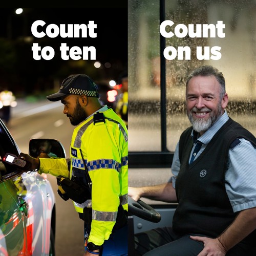 Graphic with, on one side, a police officer overlaid with the words Count to ten, and on the other side, a bus driver with the words Count on us