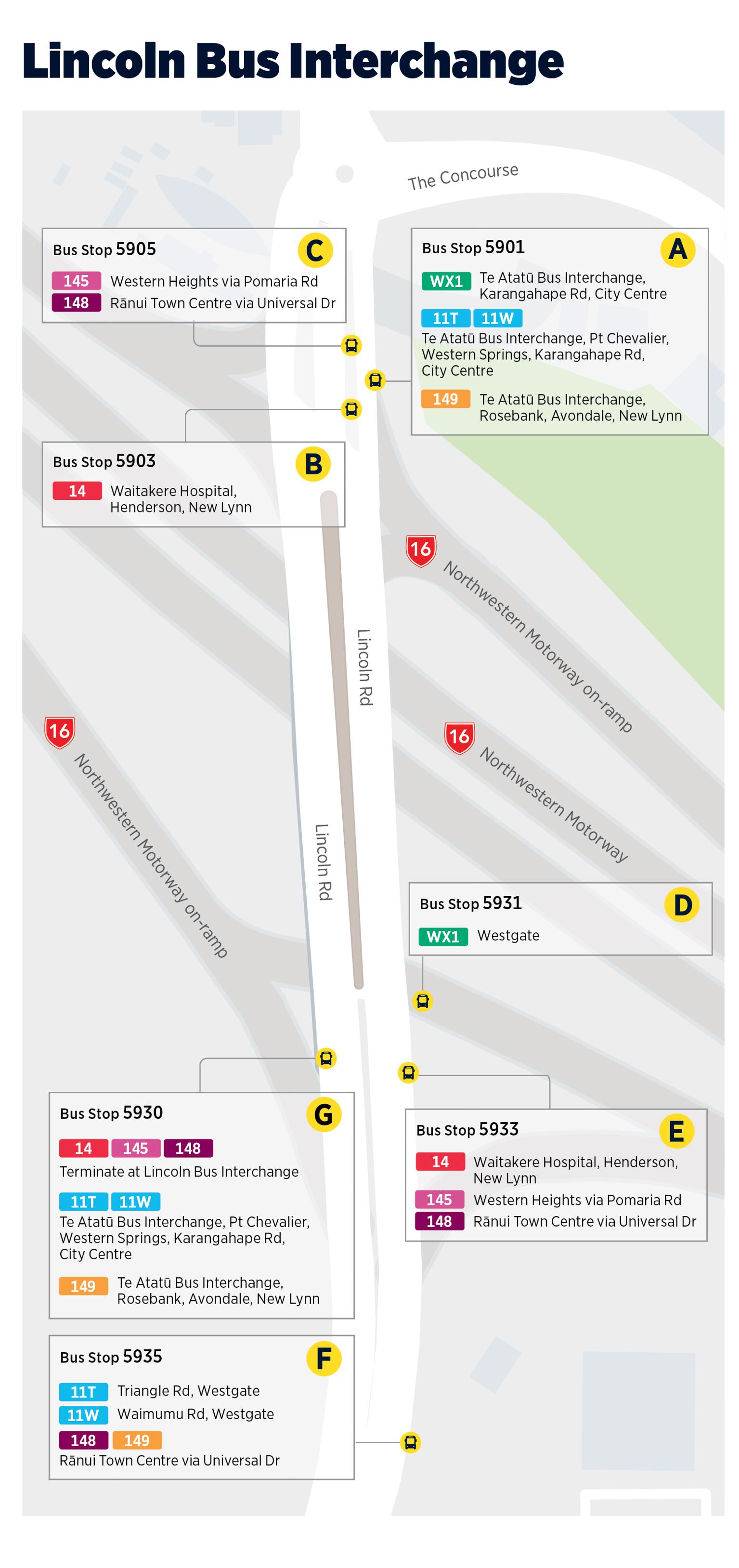 Image showing map of bus stops 5901, 5903, 5905, 5931, 5933, 5935, and 5930 on the Lincoln bus interchange