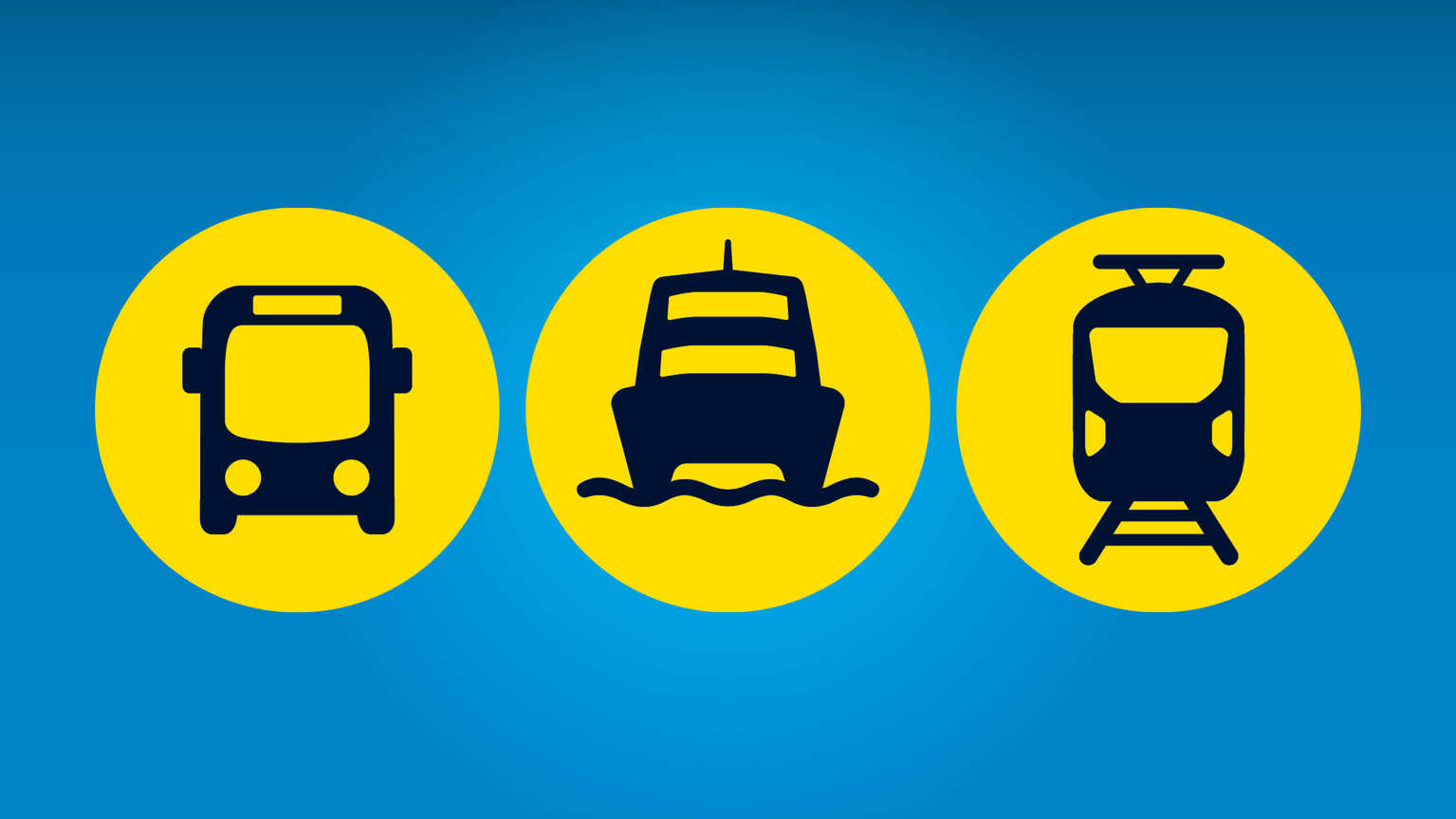 Blue background with three yellow circles. From left to right, the circles show a bus icon, ferry icon and a train icon.