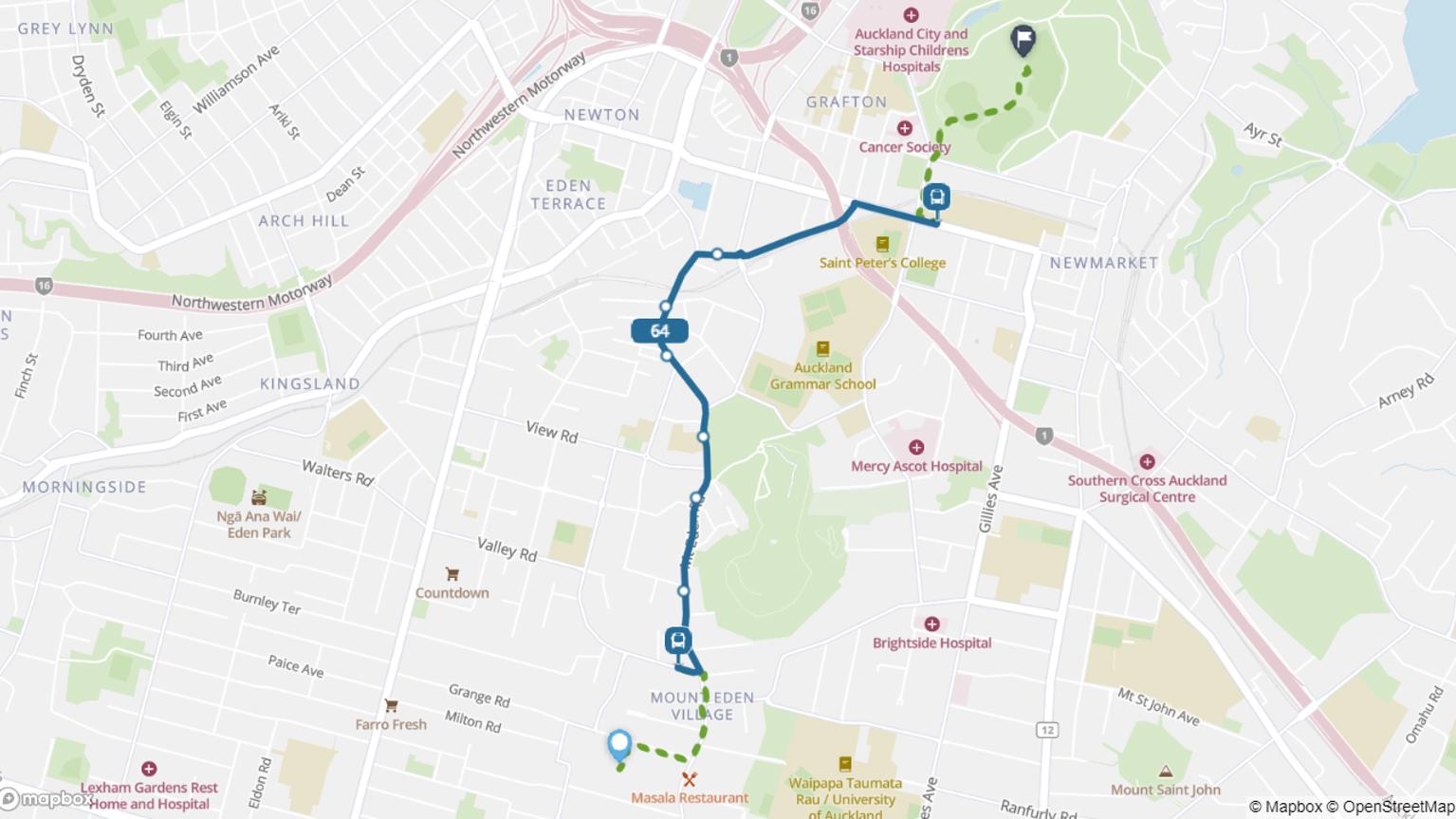 Mount Eden to City Centre bus route 64 map